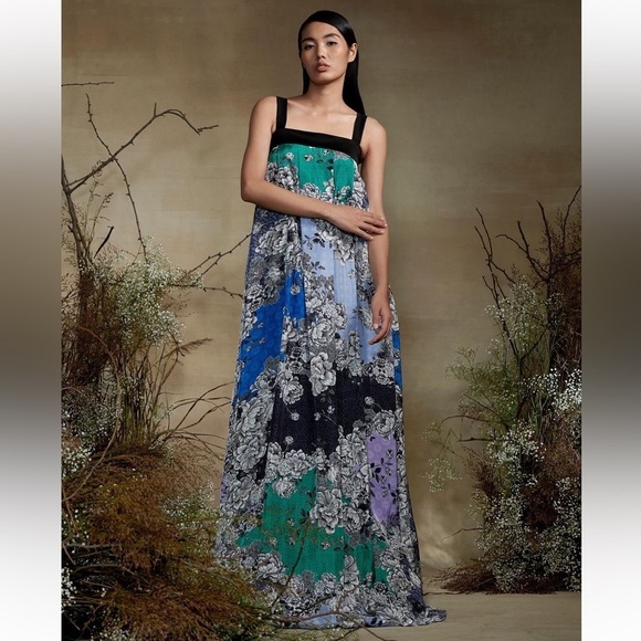 Anthropologie Atsu Black Multi Motif Floral Printed Square Neck Maxi Dress NWT M - Picture 1 of 12